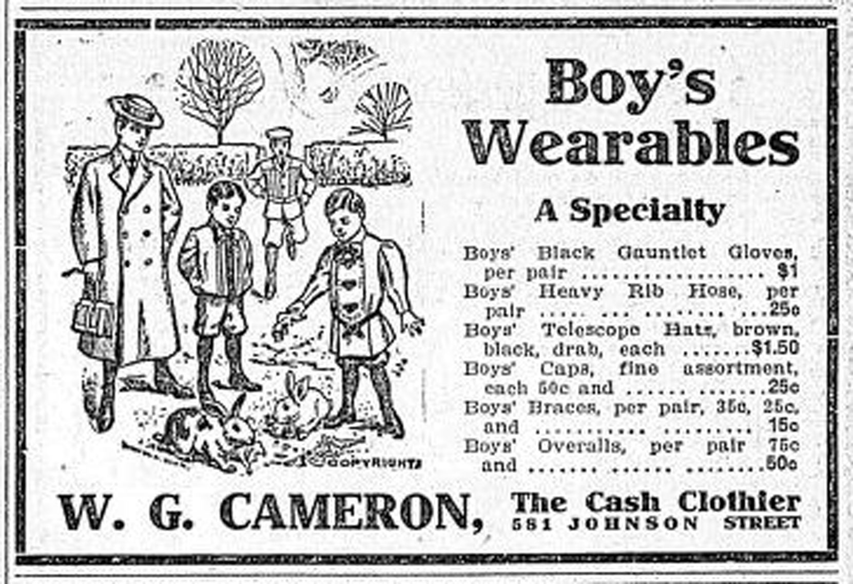 1910 advertisement for W.G. Cameron, 581 Johnson Street, (Victoria Online Sightseeing Tours collection)