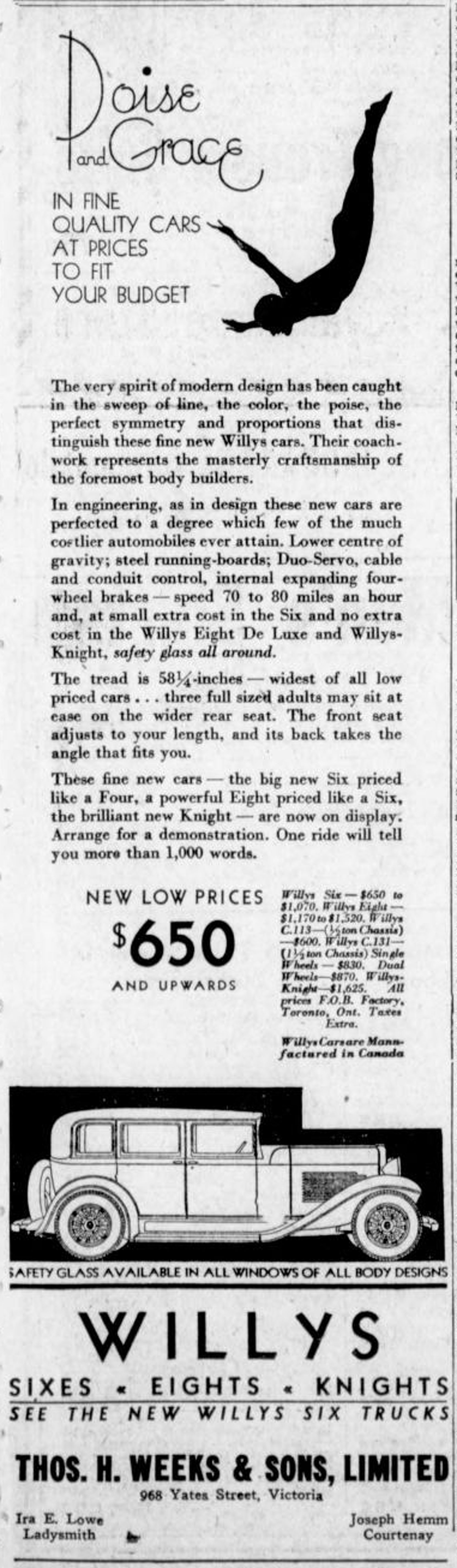 1931 advertisement for Willys cars and trucks, sold by Thomas H. Weeks & Sons Ltd,, 968 Yates Street (Victoria Online Sightseeing Tours collection)