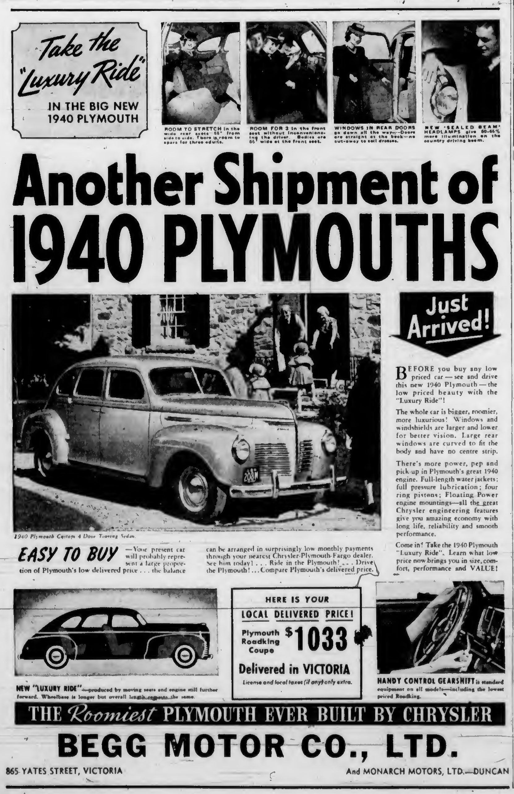1940 advertisement for Plymouth, by Begg Motor Co. Ltd., then located at 865 Yates Street, at Quadra Street (Victoria Online Sightseeing Tours collection)