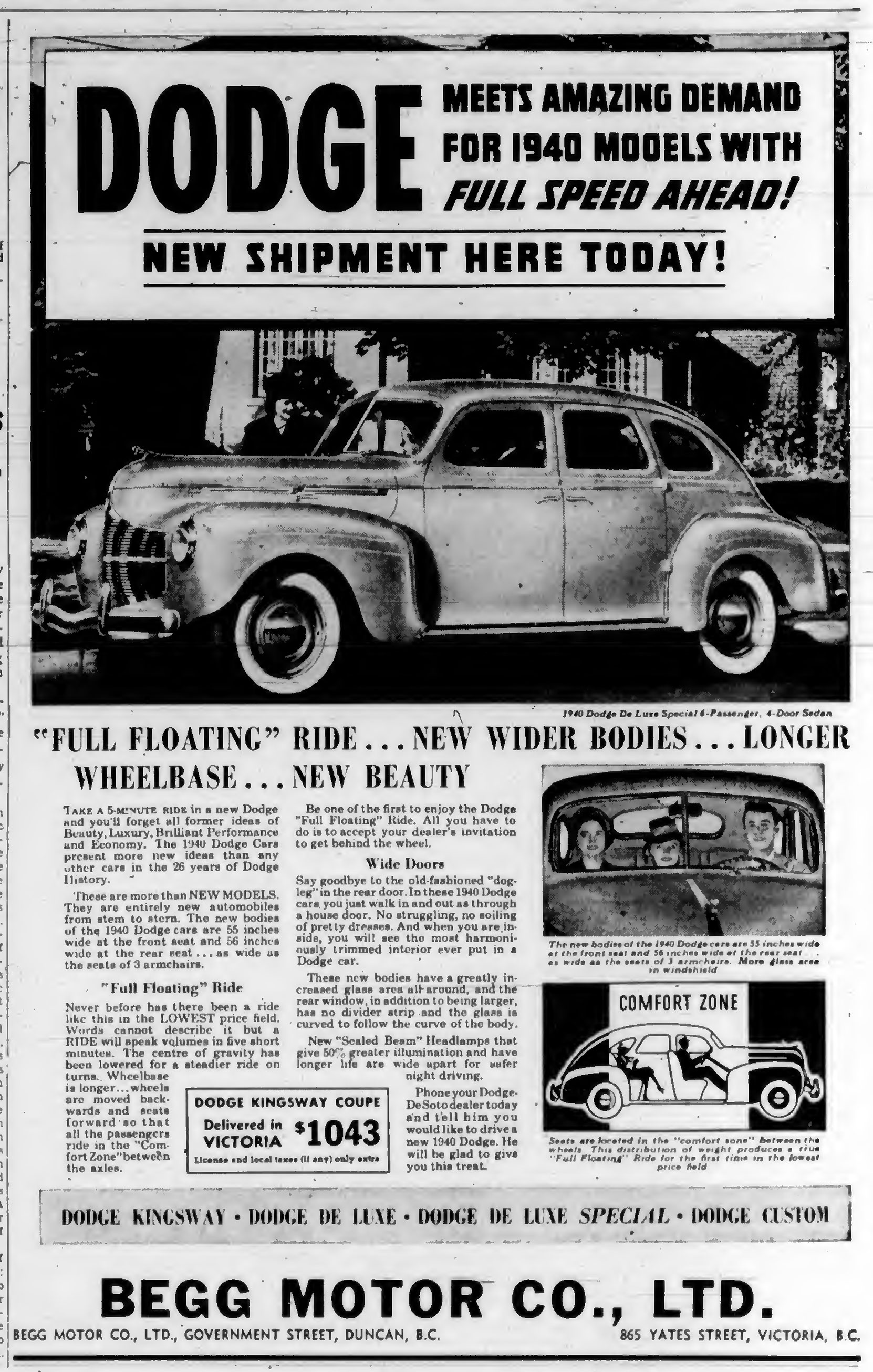 1940 advertisement for Dodge, by Begg Motor Co. Ltd., then located at 865 Yates Street, at Quadra Street (Victoria Online Sightseeing Tours collection)