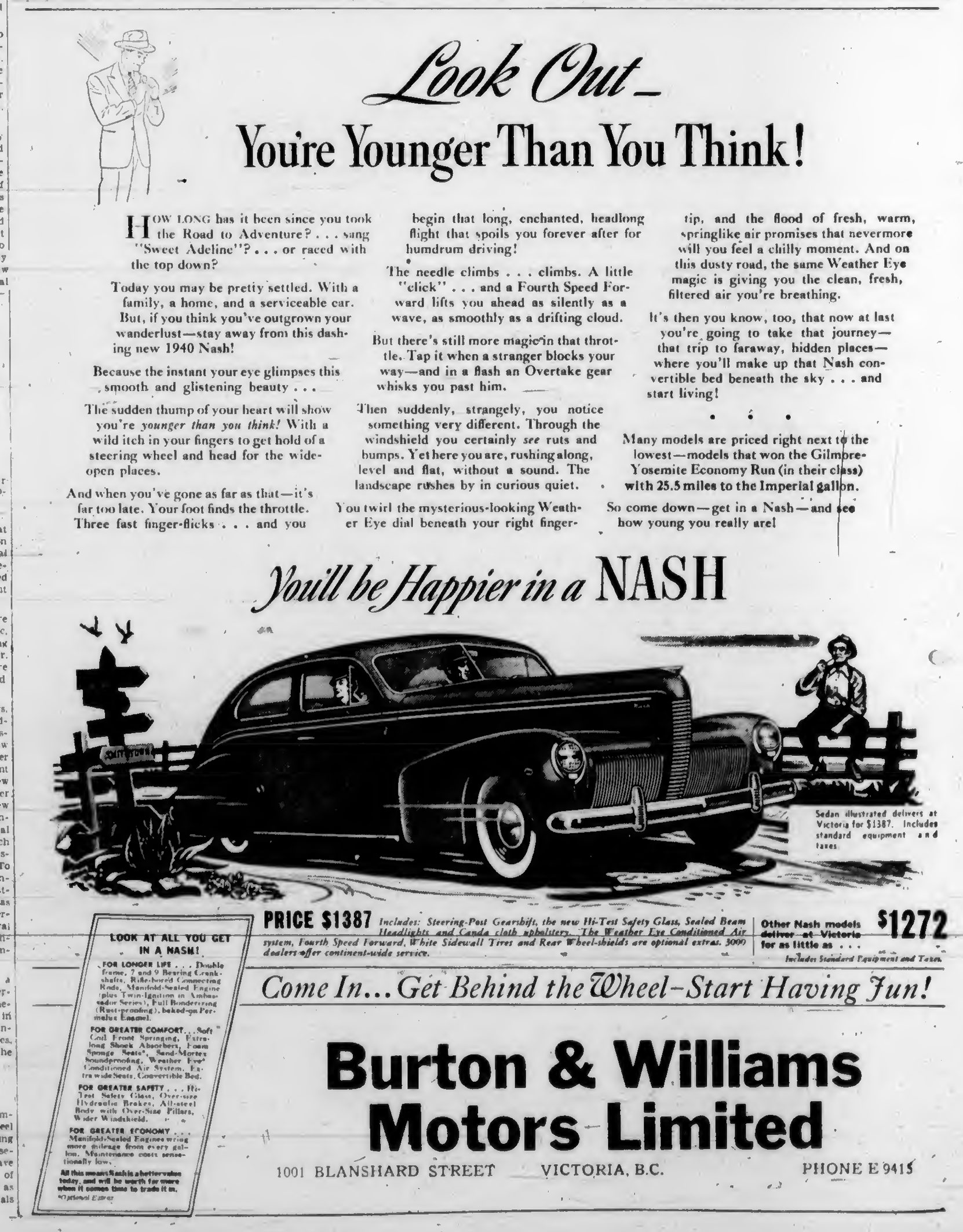 1940 advertisement for Nash automobiles, sold by Burton & Williams Motors Ltd., 1001 Blanshard Street. (Victoria Online Sightseeing Tours collection)