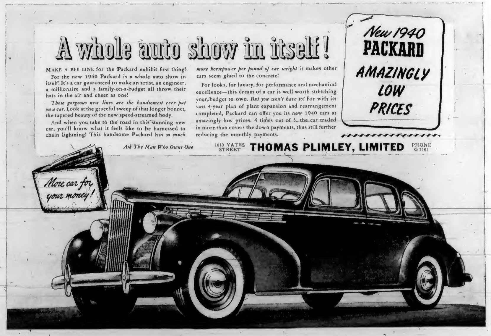 1940 advertisement for Packard, by Thomas Plimley Ltd., 1010 Yates Street (Victoria Online Sightseeing Tours collection)