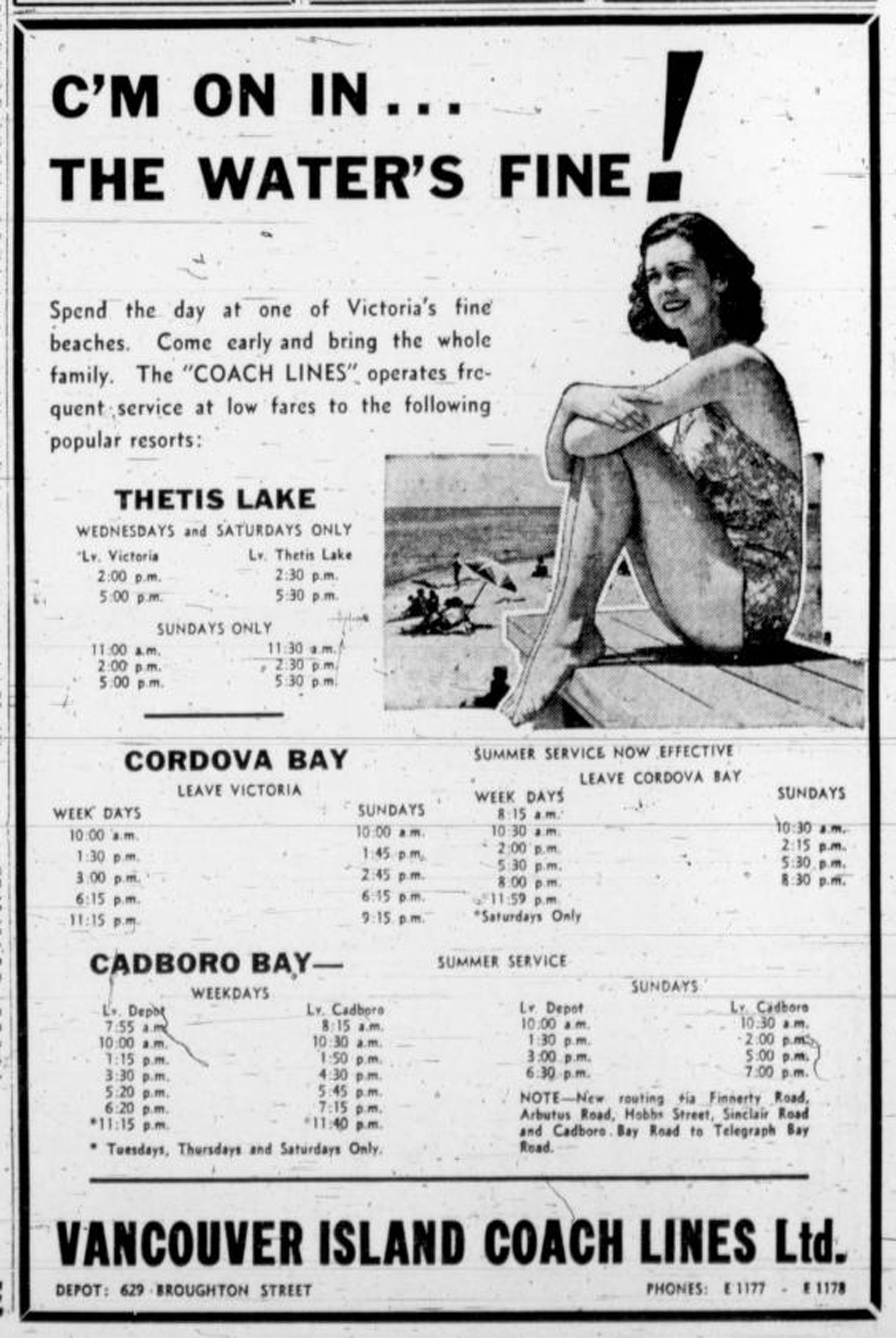 1940 Vancouver Island Coach Lines advertisement for Victoria beaches: Thetis Lake, Cordova Bay, Cadboro Bay (Victorian Online Sightseeing Tours collection)