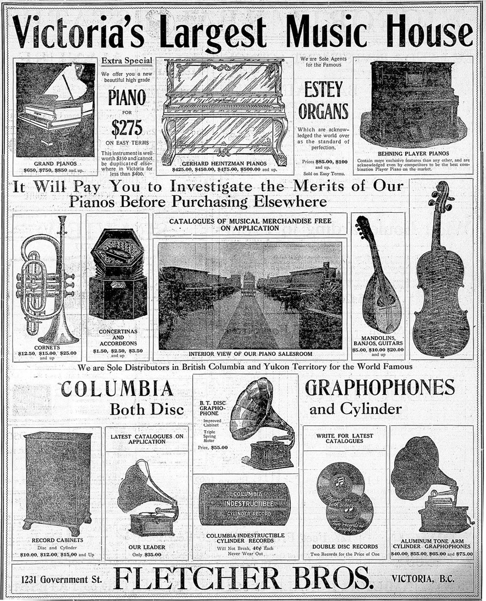 1908 newspaper advertisement for Fletcher Brothers, 1231 Government Street, showing the interior of the store and illustrations of the record and phonograph technology of the period. (Victoria Online Sightseeing Tours collection)
