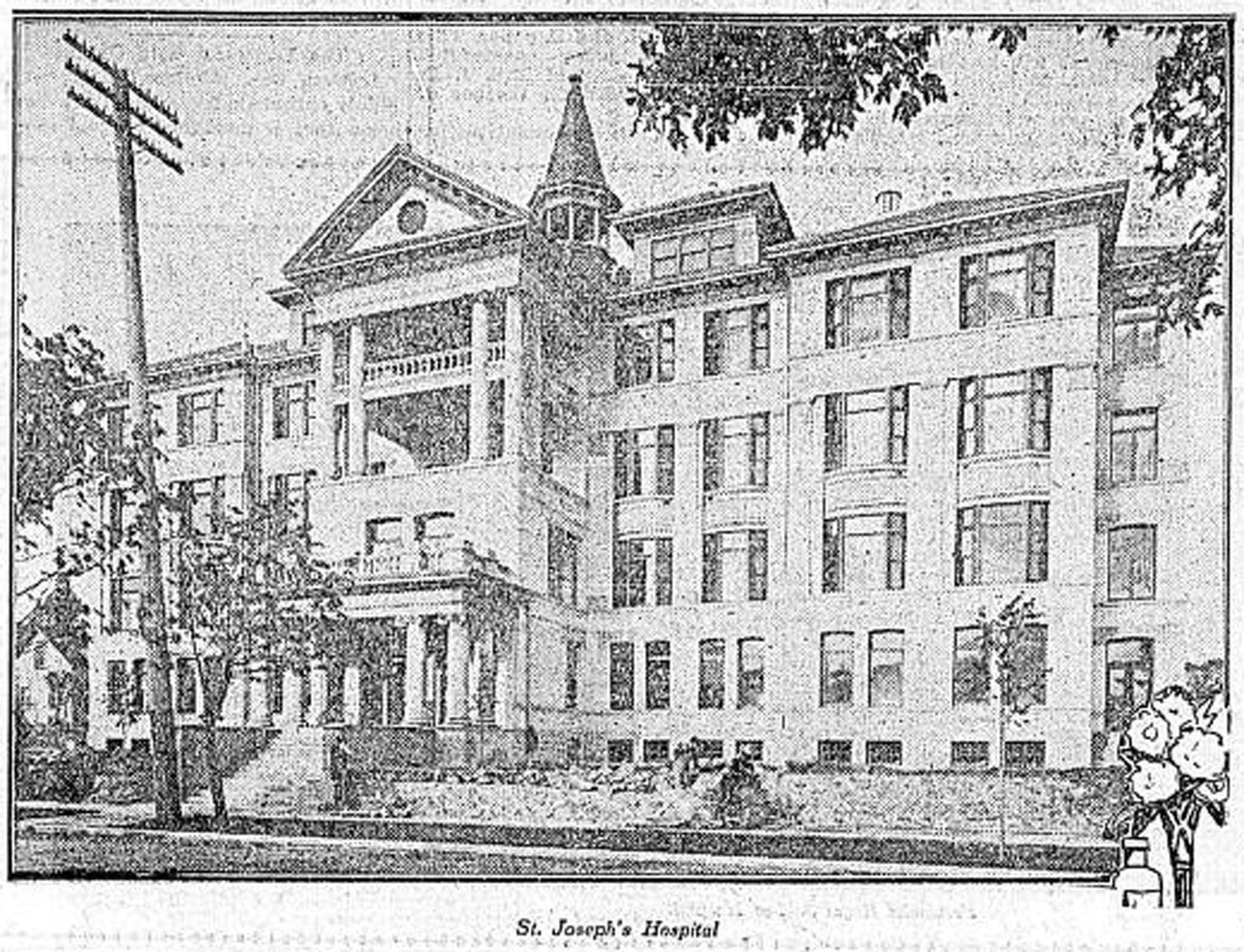 1908 newspaper photograph of St. Joseph's Hospital, 840 Humboldt Street. (Victoria Online Sightseeing Tours collection)