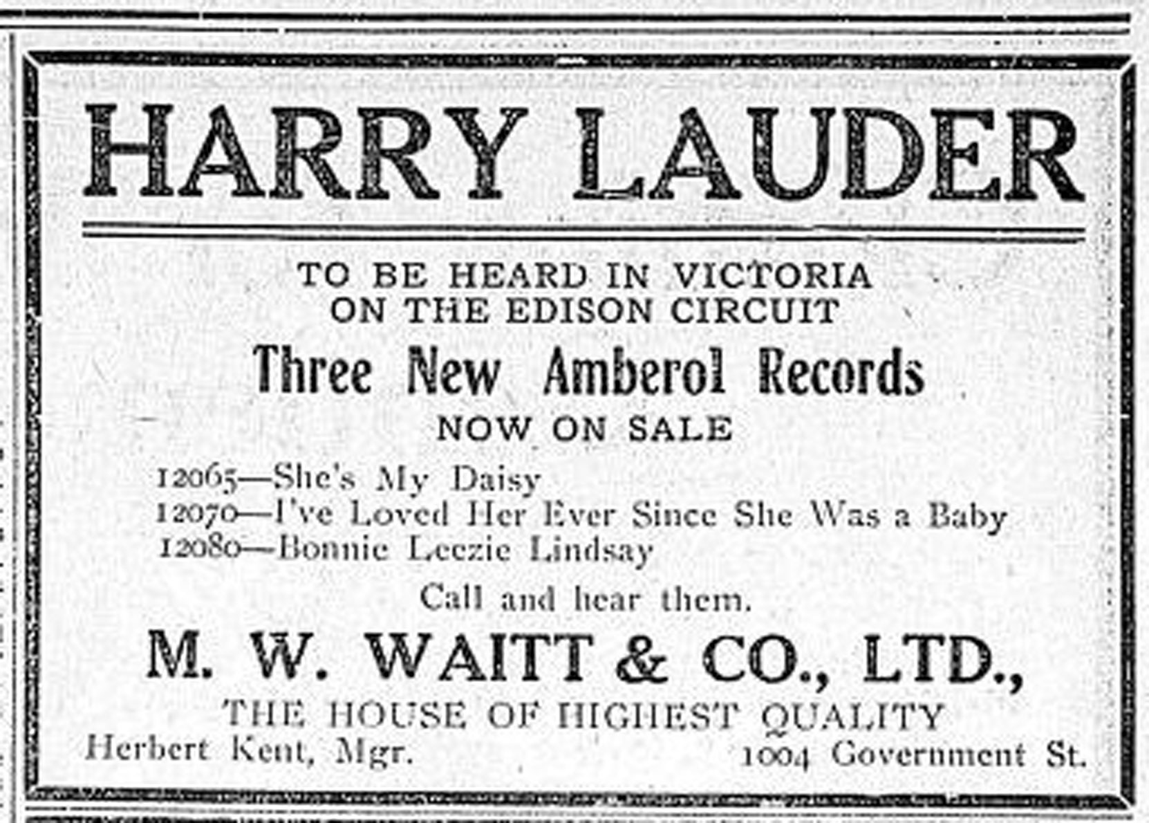 1909 advertisement for Edison Amberol recordings of Harry Lauder, sold by M.W. Waite & Co., which was located in the Vernon Block.