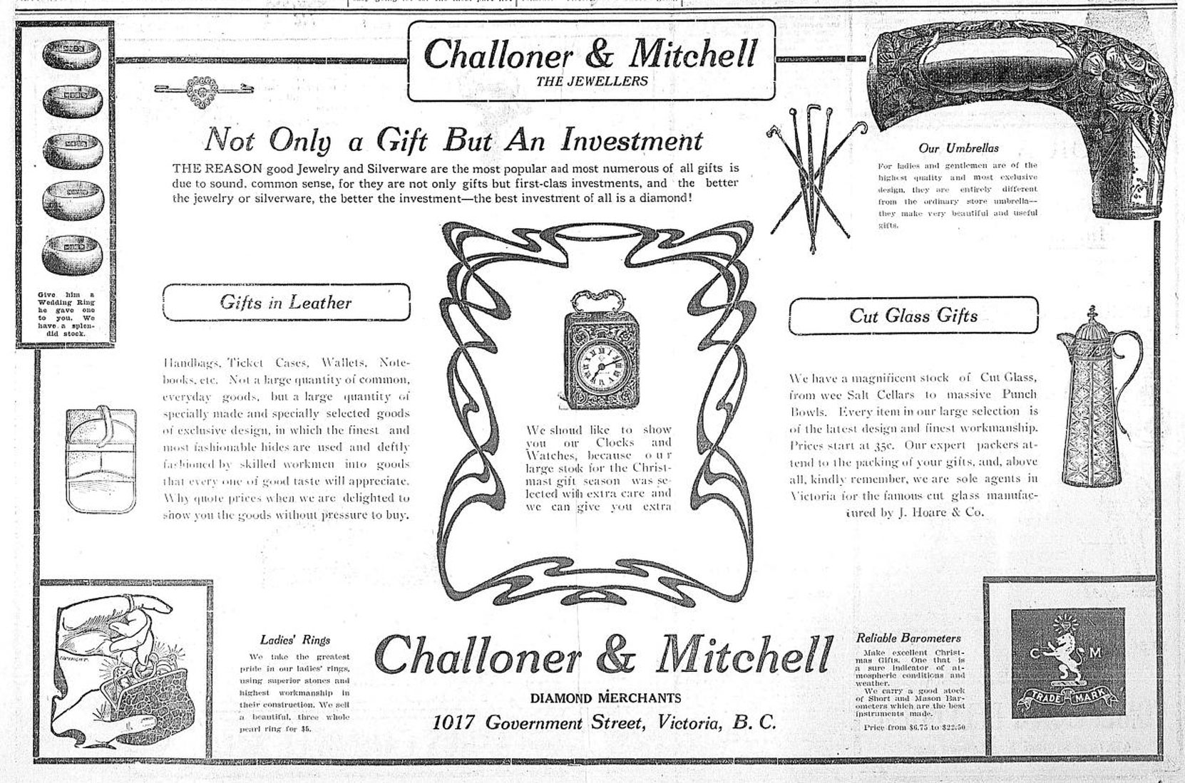 December 1909 advertisement from Challoner & Mitchell, 1017 Government Street.