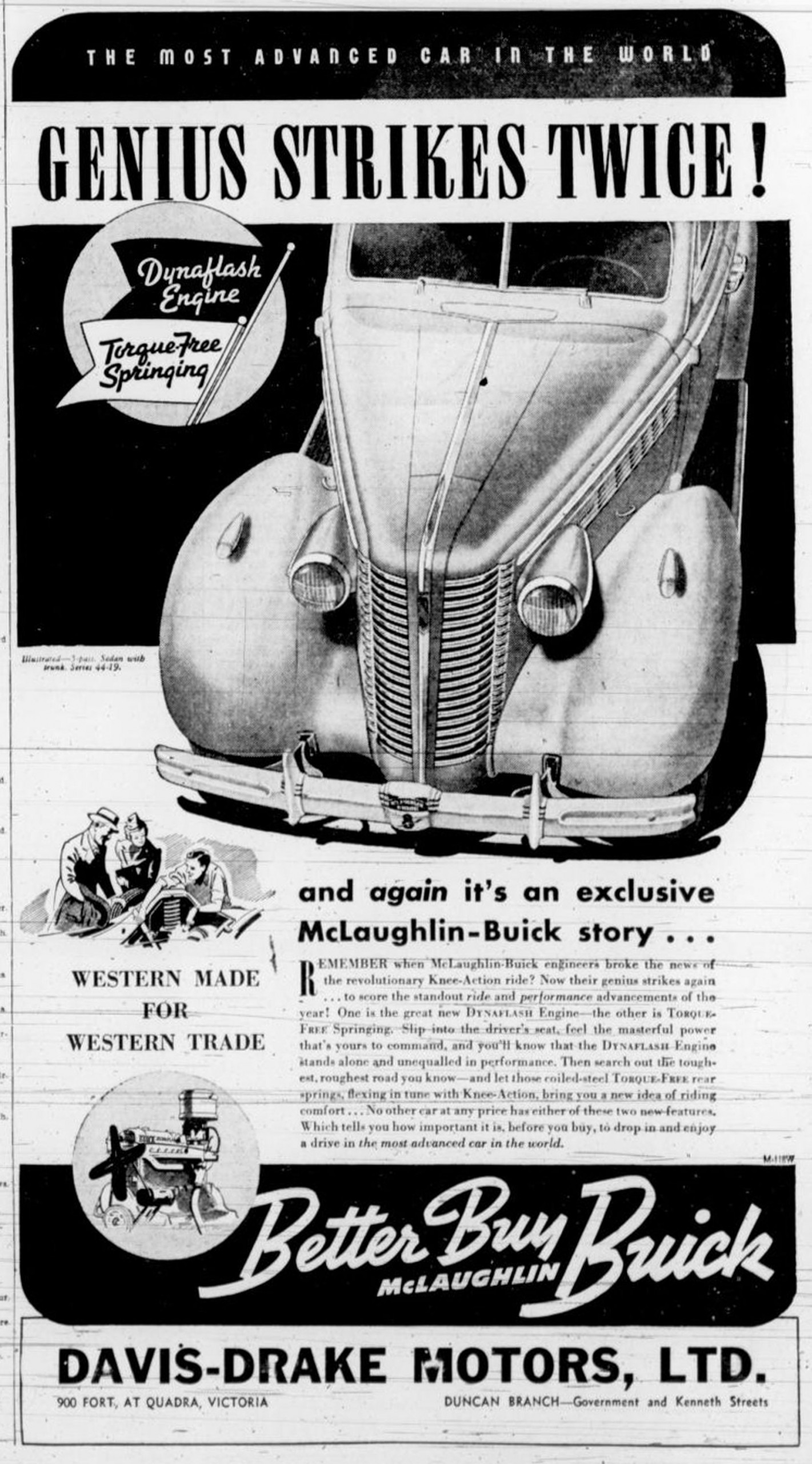 Davis-Drake Motors advertisement for McLaughlin-Buick, 1938. Davis Drake Motors was located at 900 Fort Street at Quadra Street. (Victoria Online Sightseeing collection) ,