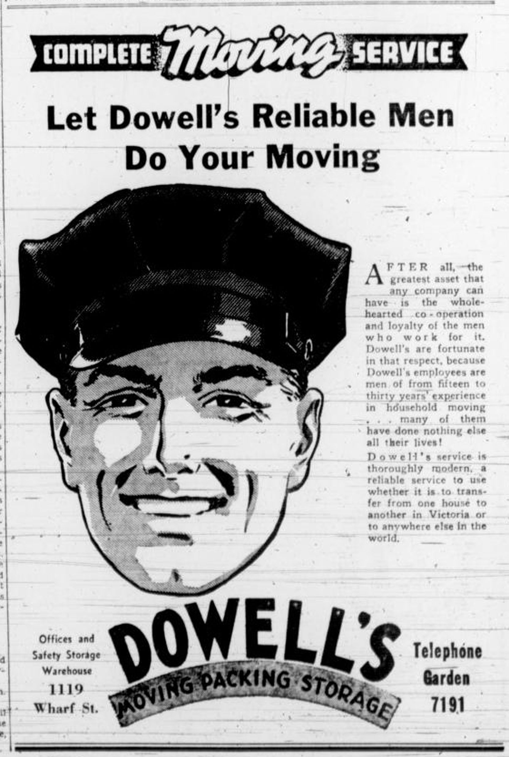 1938 advertisement for Dowell's Moving, then located in the Rithet Building at 1117 Wharf Street.