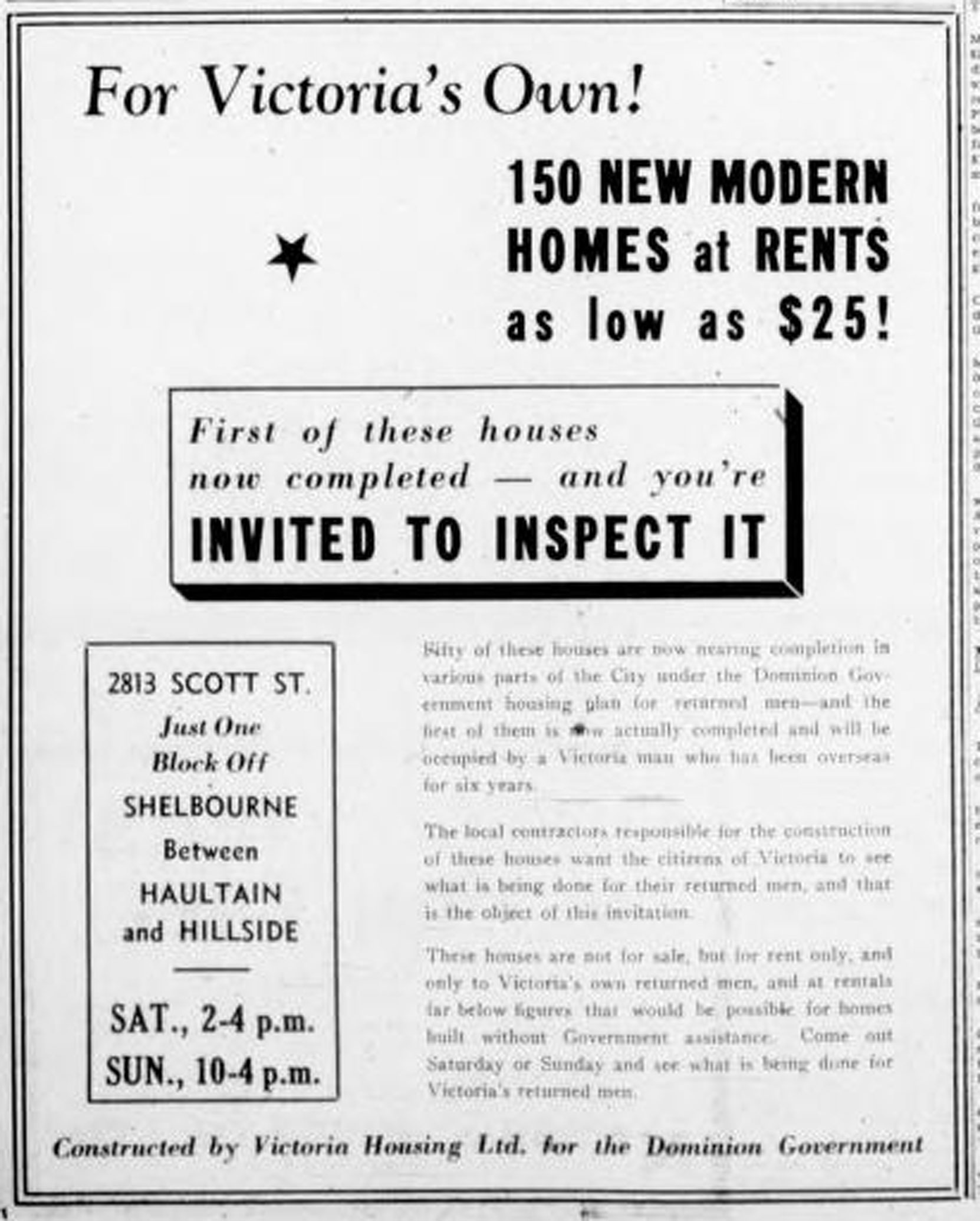 December 1945 advertisement for new house rentals. Show home at 2813 Scott Street.