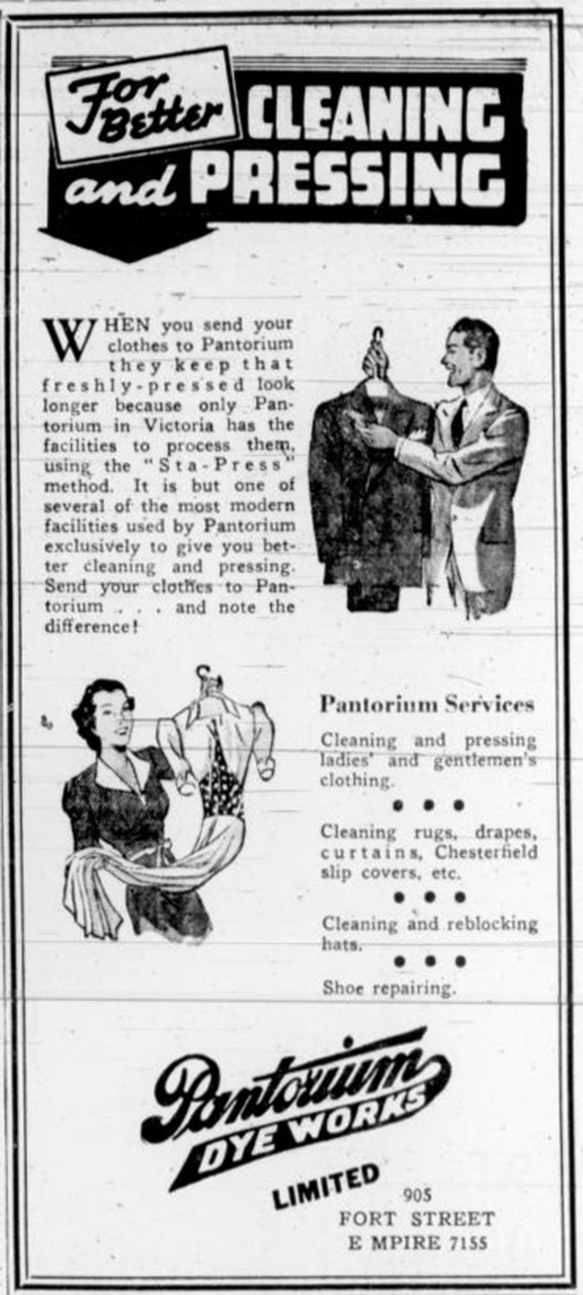 1938 advertisement for Pantorium Dye Works, 905 Fort Street.