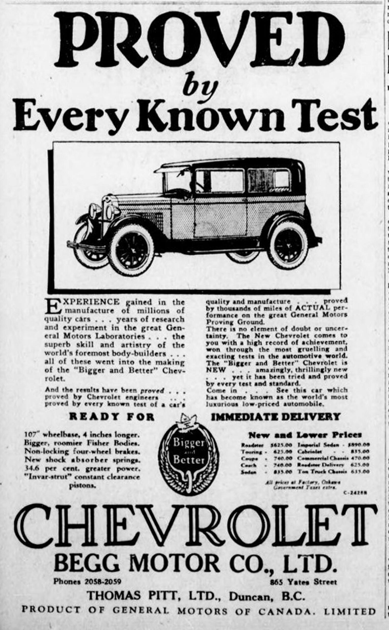 1928 advertisement for Chevrolet by Begg Motor Company, 865 Yates Street. (Victoria Online Sightseeing collection)