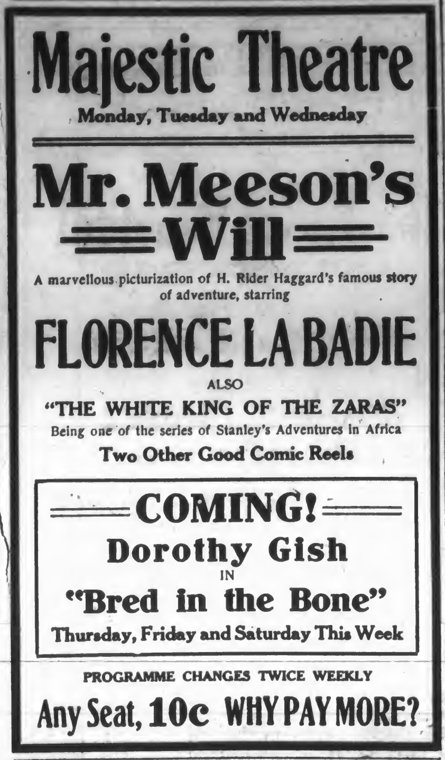 Advertisement for the Majestic Theatre (now 564 Yates Street) in March 1962 (Victoria Online Sightseeing collection)