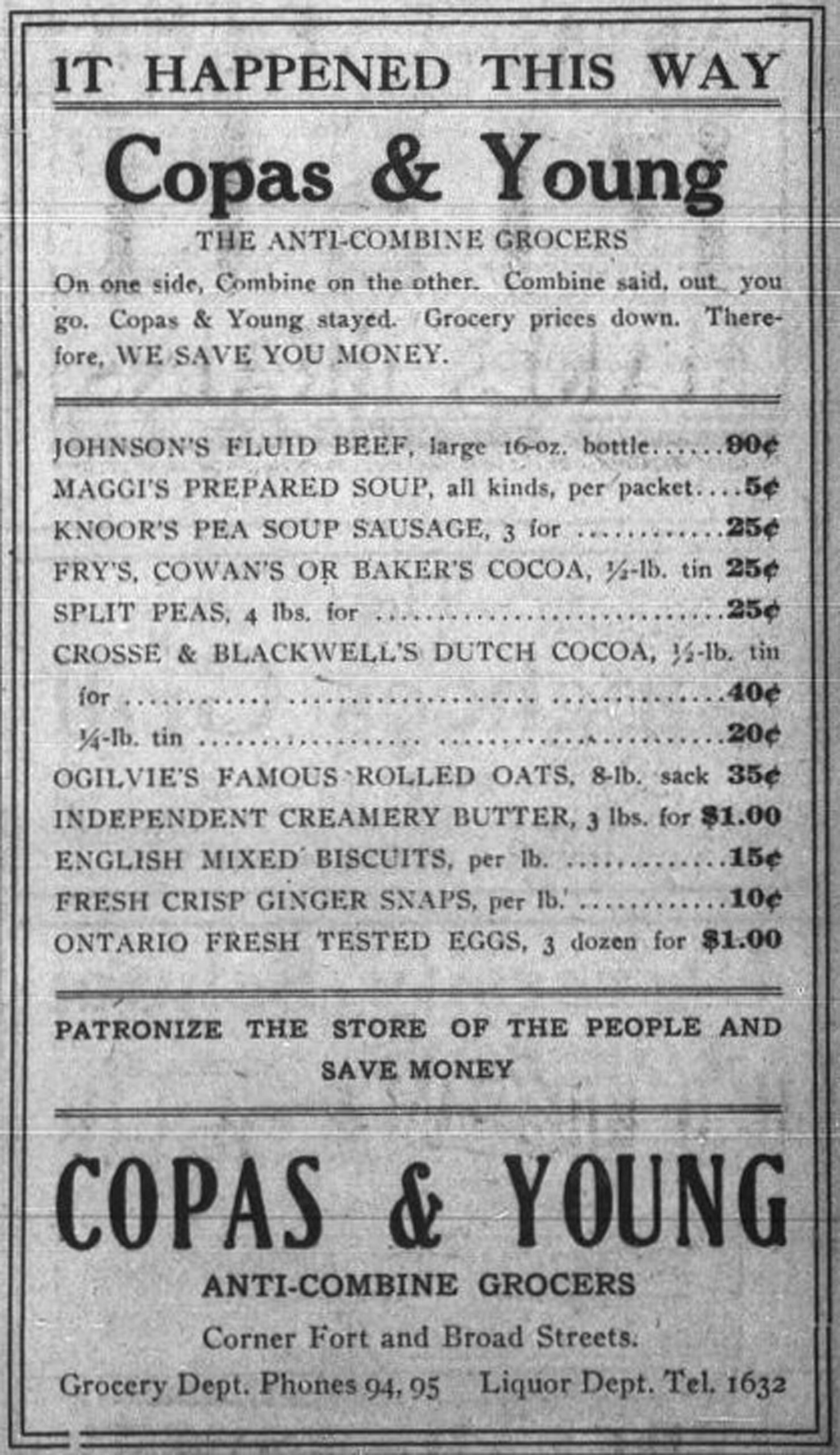 Copas & Young Anti-Combine Grocers, advertisement with prices, 1909. Copas & Young was in the Fell Building at the intersection of Fort Street and Broad Street (Victoria Online Sightseeing collection)