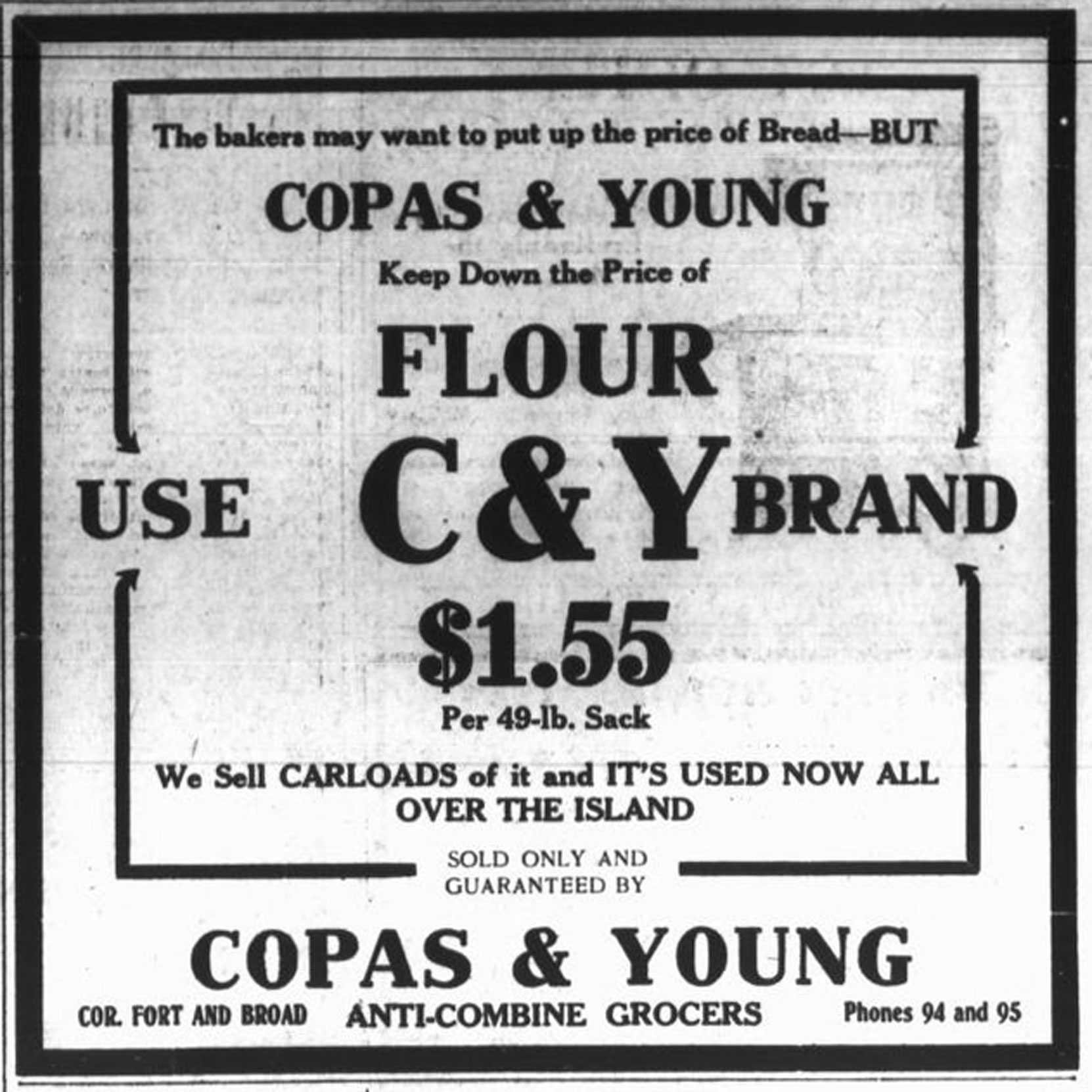 Copas & Young Anti-Combine Grocers, advertisement with prices, 1909. Copas & Young was in the Fell Building at the intersection of Fort Street and Broad Street (Victoria Online Sightseeing collection)