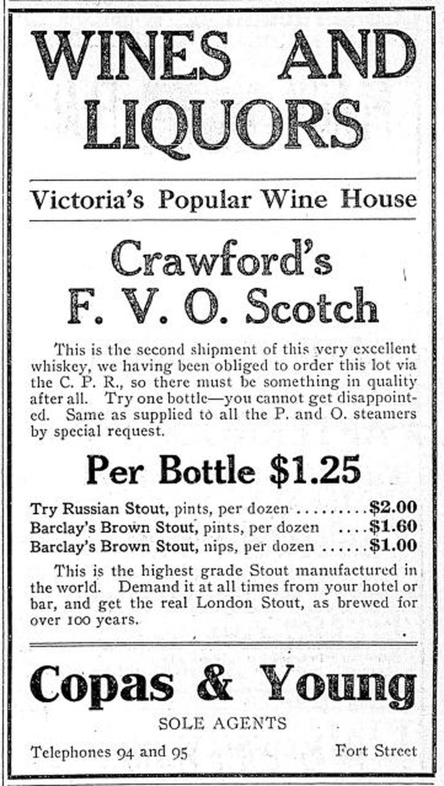 Copas & Young Anti-Combine Grocers, liquor advertisement with prices, 1909. Copas & Young was in the Fell Building at the intersection of Fort Street and Broad Street (Victoria Online Sightseeing collection)