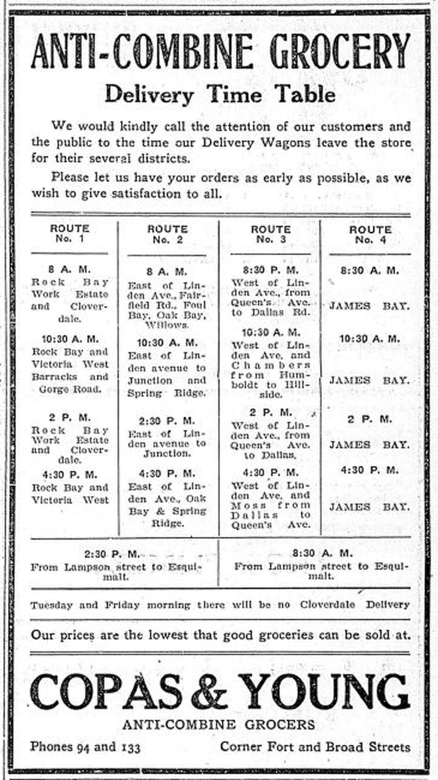 Copas & Young Anti-Combine Grocers, advertisement with grocery delivery schedules, 1909. Copas & Young was in the Fell Building at the intersection of Fort Street and Broad Street (Victoria Online Sightseeing collection)