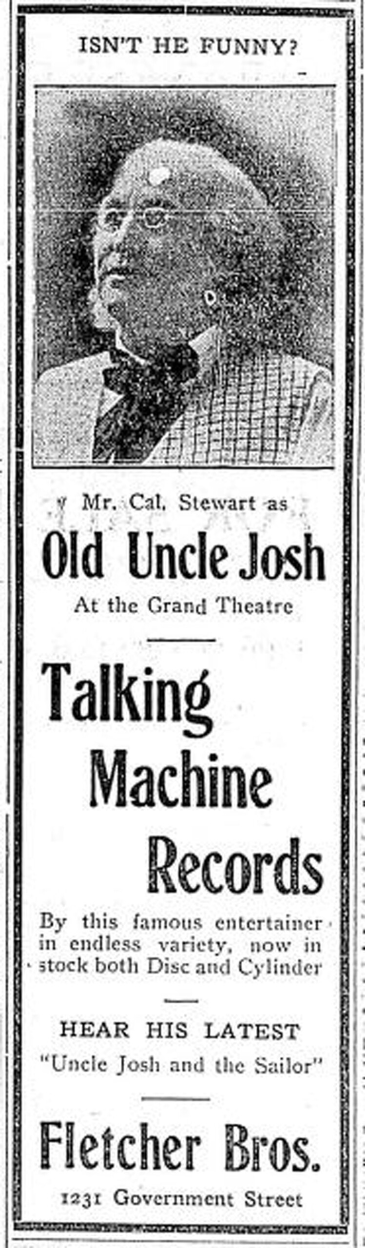 April 1909 advertisement by Fletcher Brothers, 1231 Government Street, mentioning a performance at the Grand Theatre on Johnson Street. (Victoria Online Sightseeing collection)
