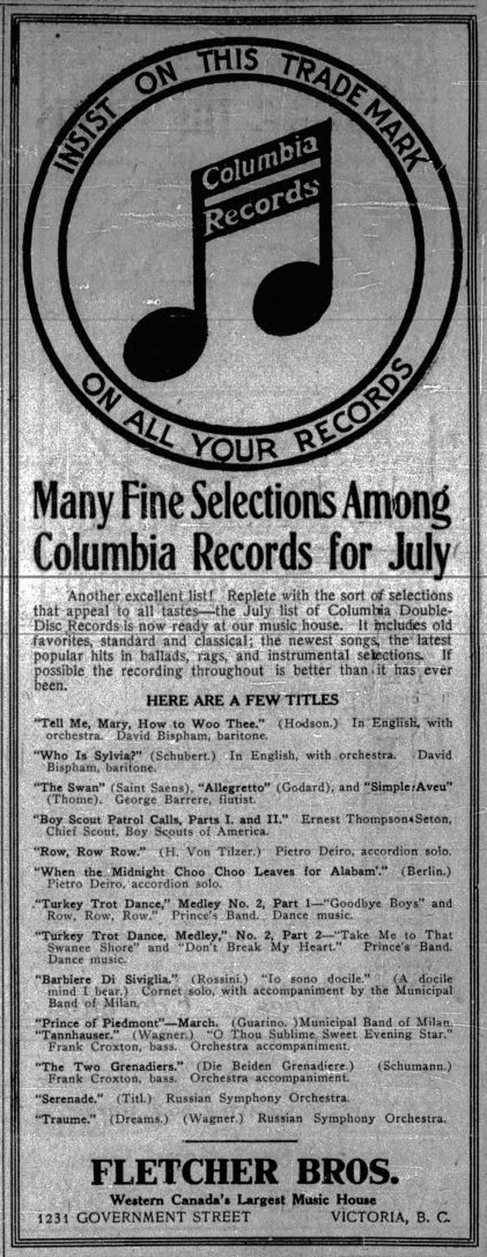 June 1913 advertisement for Columbia Records by Fletcher Brothers, 1231 Government Street.
