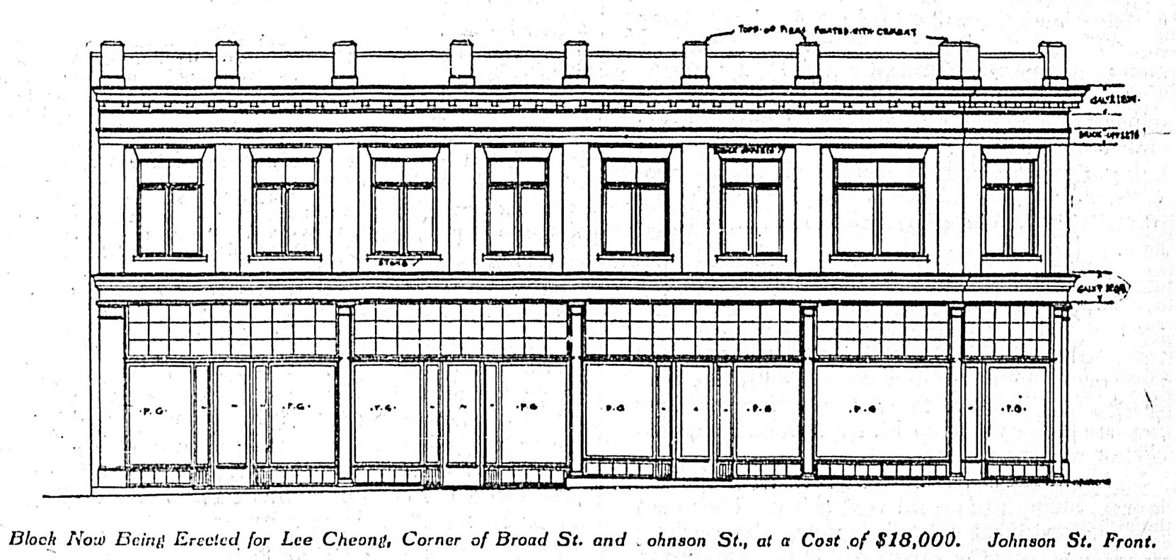 Architect's drawing (1909) of the Johnson Street elevation of the Lee Cheong Block, now 618-624 Johnson Street, at Broad Street. The architects were Thomas Hooper and C. Elwood Watkins.