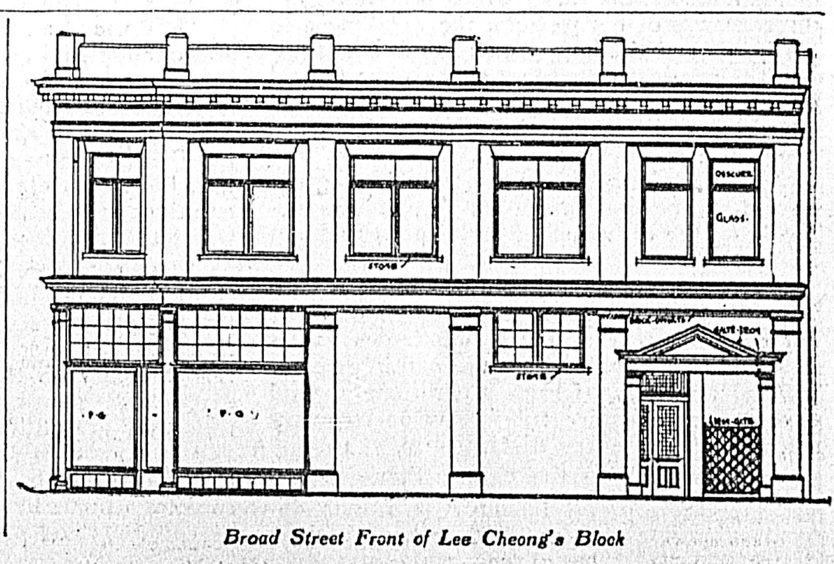 Architect's drawing (1909) of the Broad Street elevation of the Lee Cheong Block, now 618-624 Johnson Street,/1400-1402 Broad Street. The architects were Thomas Hooper and C. Elwood Watkins.