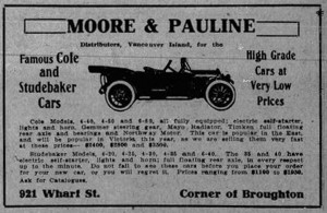 1913 advertisement for Moore & Pauline, distributors for Cole and Studebaker, 921 Wharf Street (Victoria Online Sightseeing Tours collection)