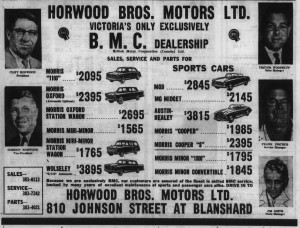 1964 advertisement for British Motor Corporation cars, Horwood Brothers Motors Ltd., 810 Johnson Street. (Victoria Online Sightseeing Tours collection)