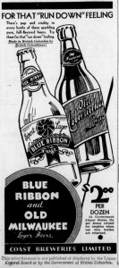1931 advertisement by Coast Breweries for Blue Ribbon and Old Milwaukee beer, to promote "pep" and "vitality" and avoid "That Run Down Feeling" (Victoria Online Sightseeing Tours collection)
