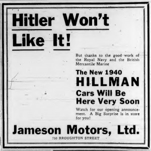 1940 advertisement for Hillman cars, by Jameson Motors Ltd., then located at 750 Broughton Street.(Victoria Online Sightseeing Tours collection)