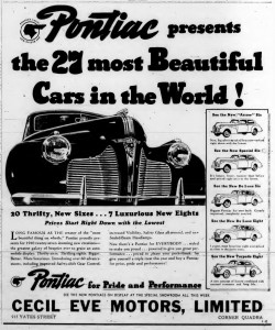 1940 advertisement for Pontiac, by Cecil Eve Motors Ltd., then located at 915 Yates Street, on the south east corner of the Yates Street / Quadra Street intersection (Victoria Online Sightseeing Tours collection)