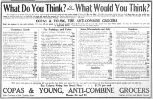 Copas & Young Anti-Combine Grocers, advertisement with prices, 1909. Copas & Young was in the Fell Building at the intersection of Fort Street and Broad Street (Victoria Online Sightseeing collection)